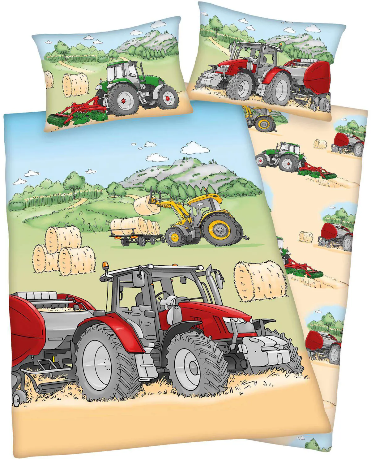 Bettwäsche Traktor auf dem Feld für kleine Bauern entdecken
