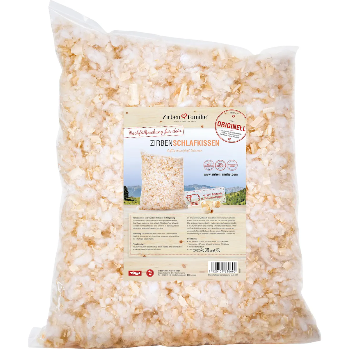 Zirbenflocken Nachfüllpackung mit Schurwolle | Zirbenfamilie - Kuschelig und duftend