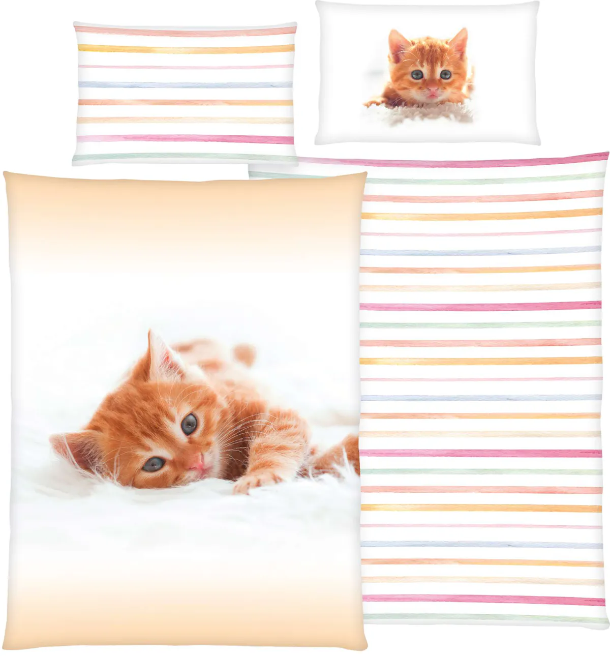 Kinderbettwäsche Kätzchen | 100% Baumwolle | Orange Katze | 65x100 Kissenbezug | 160x210 Bettdeckenbezug