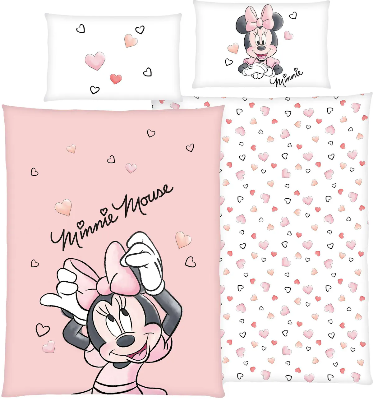 Kinderbettwäsche Minnie Mouse | Rosa Grund mit bunten Herzen | Weiche Baumwolle | Ideal für Fans von Mickey & Minnie