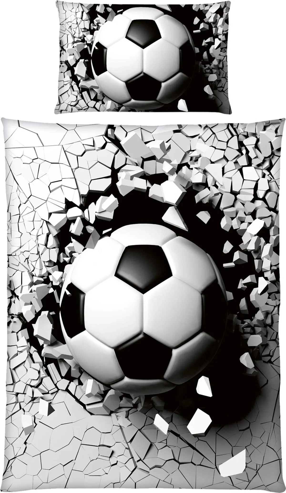 Fussball 3D Bettwäsche in schwarz-weiss mit Reissverschluss